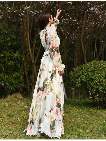 Fairy Summer Vacation Beach Large Size Oversized Bow Tie Long Sleeve Floral Printed Skirt Chiffon Maxi Dress