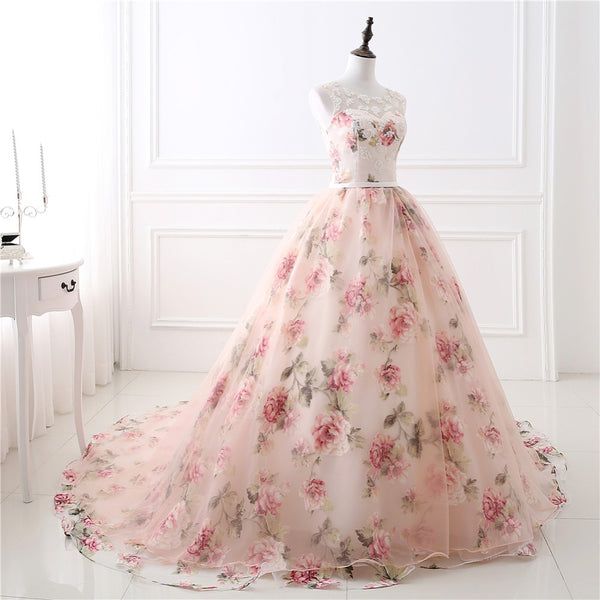 Hot Sales Summer Lovely Sweetheart Sleeveless Scoop Neckline Floral Big Flower Printed Pink Evening Ball Party Gown Dresses
