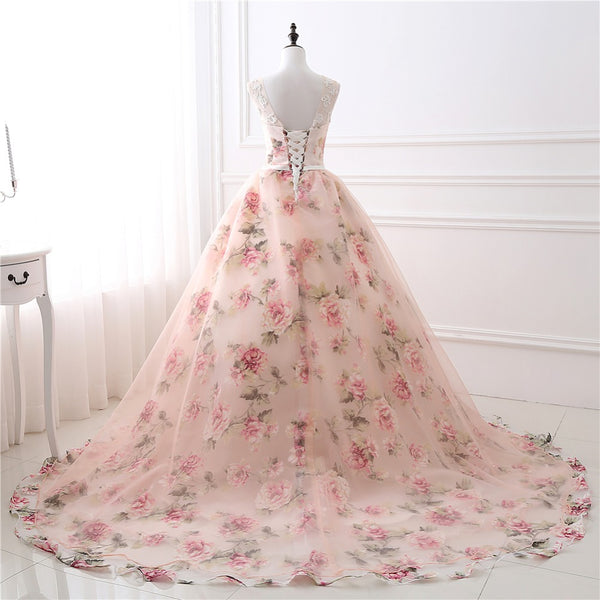 Hot Sales Summer Lovely Sweetheart Sleeveless Scoop Neckline Floral Big Flower Printed Pink Evening Ball Party Gown Dresses