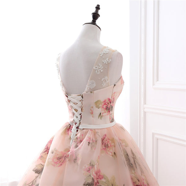 Hot Sales Summer Lovely Sweetheart Sleeveless Scoop Neckline Floral Big Flower Printed Pink Evening Ball Party Gown Dresses