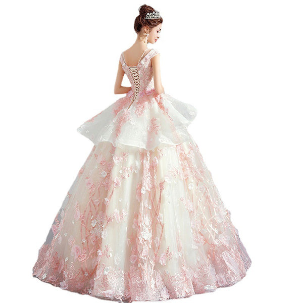 Gorgeous Amazing Pink 3D Flower Floral Princess Bride Off Shoulder V Neck Evening Bridal Ball Gown Dress