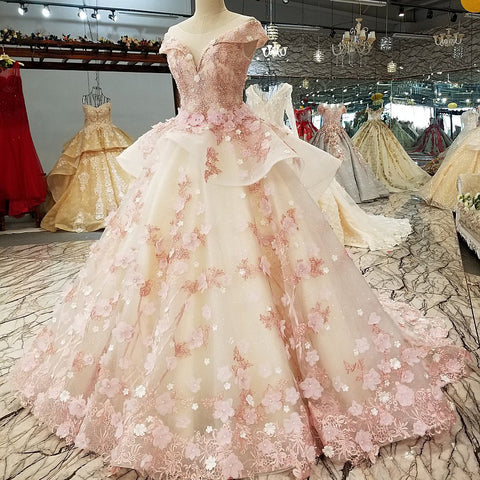 Gorgeous Amazing Pink 3D Flower Floral Princess Bride Off Shoulder V Neck Evening Bridal Ball Gown Dress
