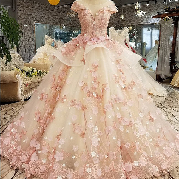 Gorgeous Amazing Pink 3D Flower Floral Princess Bride Off Shoulder V Neck Evening Bridal Ball Gown Dress