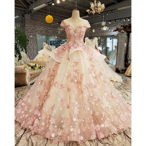 Gorgeous Amazing Pink 3D Flower Floral Princess Bride Off Shoulder V Neck Evening Bridal Ball Gown Dress