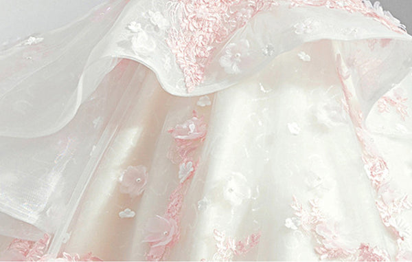 Gorgeous Amazing Pink 3D Flower Floral Princess Bride Off Shoulder V Neck Evening Bridal Ball Gown Dress