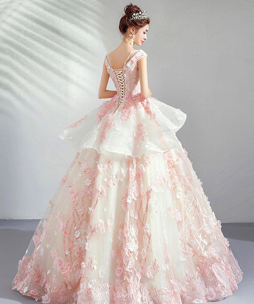 Gorgeous Amazing Pink 3D Flower Floral Princess Bride Off Shoulder V Neck Evening Bridal Ball Gown Dress