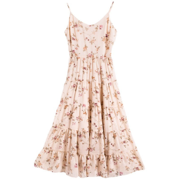 Summer Women Retro V Neck Floral Sleeveless High Waist Spaghetti Strap Beach Skirt Long Maxi Dress