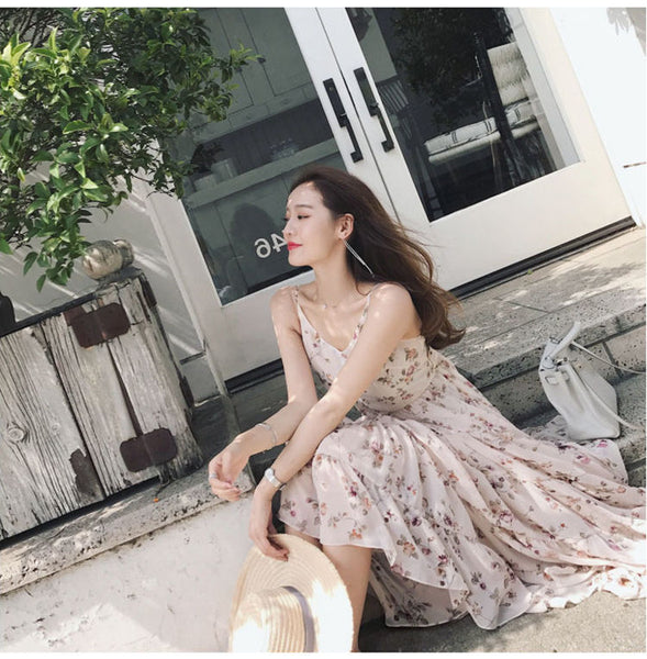 Summer Women Retro V Neck Floral Sleeveless High Waist Spaghetti Strap Beach Skirt Long Maxi Dress