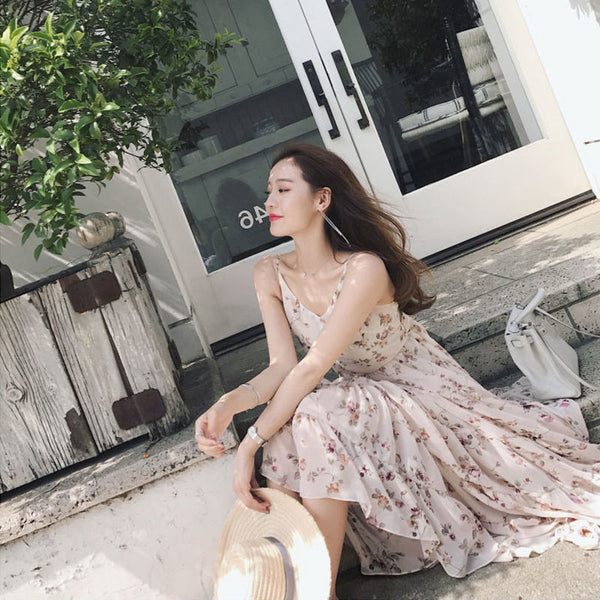 Summer Women Retro V Neck Floral Sleeveless High Waist Spaghetti Strap Beach Skirt Long Maxi Dress