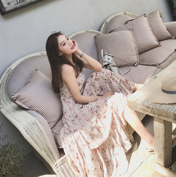 Summer Women Retro V Neck Floral Sleeveless High Waist Spaghetti Strap Beach Skirt Long Maxi Dress