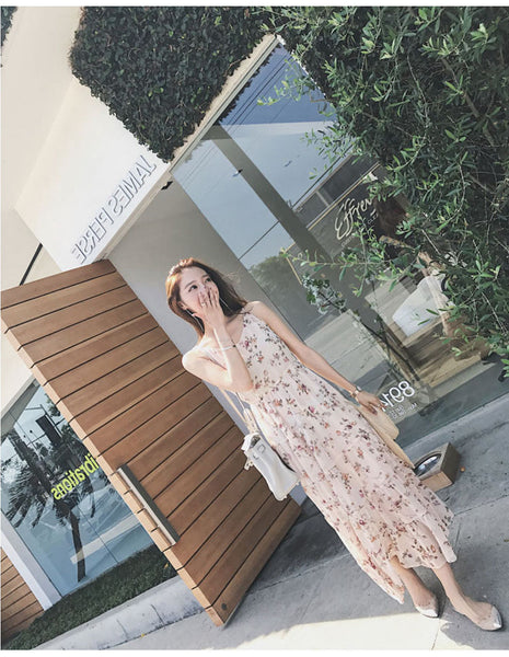 Summer Women Retro V Neck Floral Sleeveless High Waist Spaghetti Strap Beach Skirt Long Maxi Dress