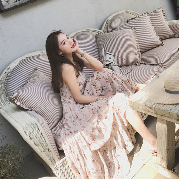 Summer Women Retro V Neck Floral Sleeveless High Waist Spaghetti Strap Beach Skirt Long Maxi Dress