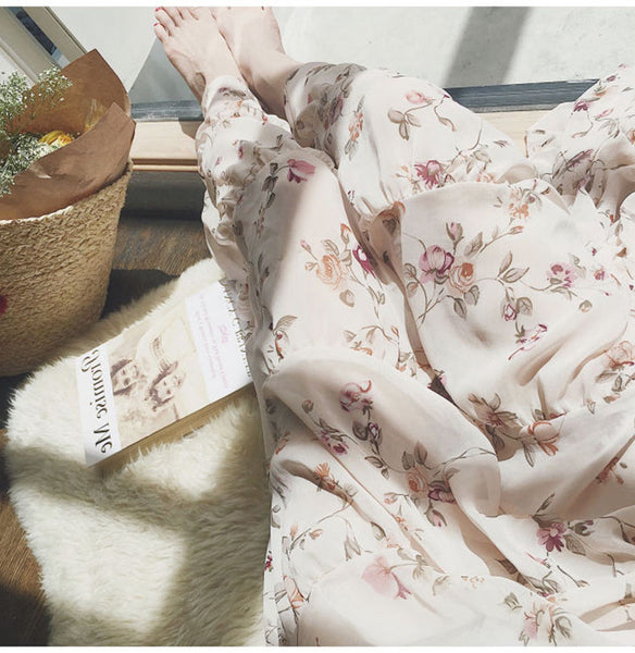 Summer Women Retro V Neck Floral Sleeveless High Waist Spaghetti Strap Beach Skirt Long Maxi Dress