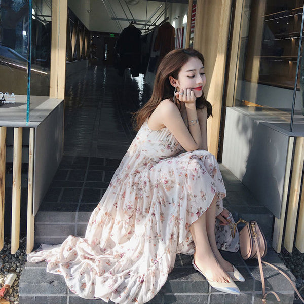 Summer Women Retro V Neck Floral Sleeveless High Waist Spaghetti Strap Beach Skirt Long Maxi Dress