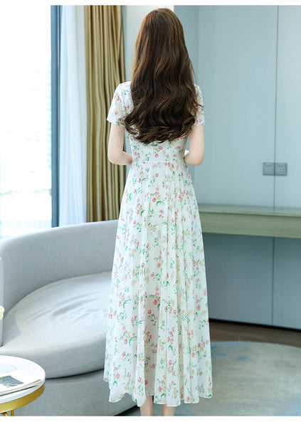 Cozy Elegant Sweet Women Short Sleeved Floral Printed Retro Beach long Skirt Swing Maxi Dresses