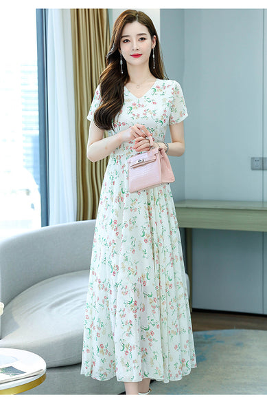 Cozy Elegant Sweet Women Short Sleeved Floral Printed Retro Beach long Skirt Swing Maxi Dresses