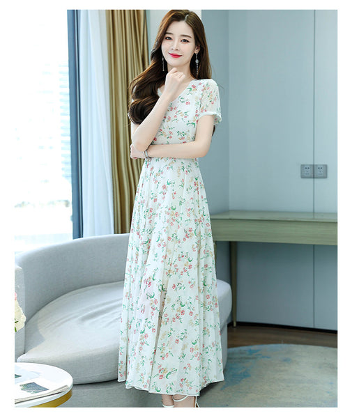 Cozy Elegant Sweet Women Short Sleeved Floral Printed Retro Beach long Skirt Swing Maxi Dresses