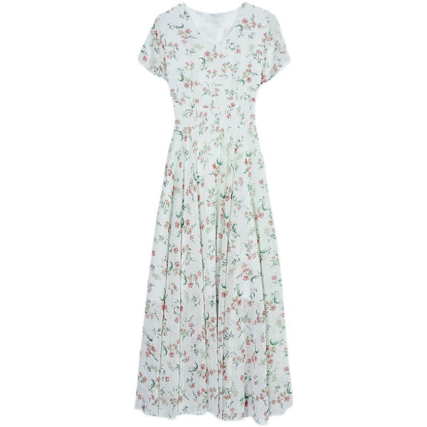 Cozy Elegant Sweet Women Short Sleeved Floral Printed Retro Beach long Skirt Swing Maxi Dresses