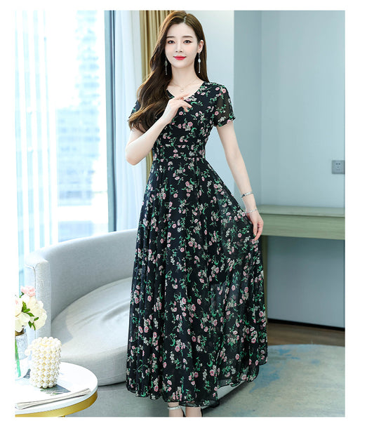 Cozy Elegant Sweet Women Short Sleeved Floral Printed Retro Beach long Skirt Swing Maxi Dresses