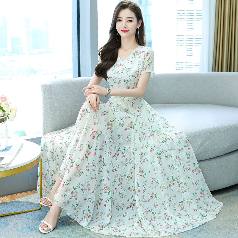 Cozy Elegant Sweet Women Short Sleeved Floral Printed Retro Beach long Skirt Swing Maxi Dresses