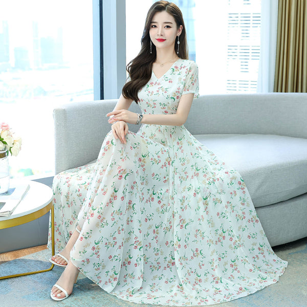 Cozy Elegant Sweet Women Short Sleeved Floral Printed Retro Beach long Skirt Swing Maxi Dresses