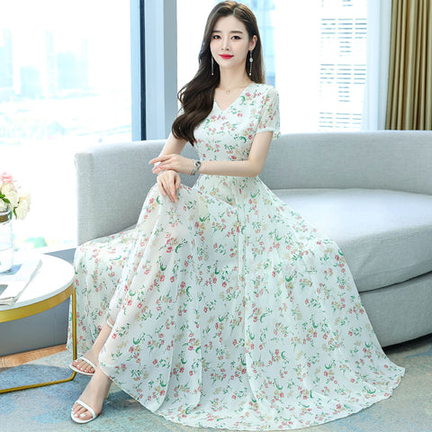 Cozy Elegant Sweet Women Short Sleeved Floral Printed Retro Beach long Skirt Swing Maxi Dresses