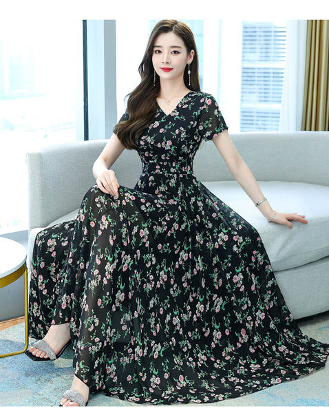 Cozy Elegant Sweet Women Short Sleeved Floral Printed Retro Beach long Skirt Swing Maxi Dresses