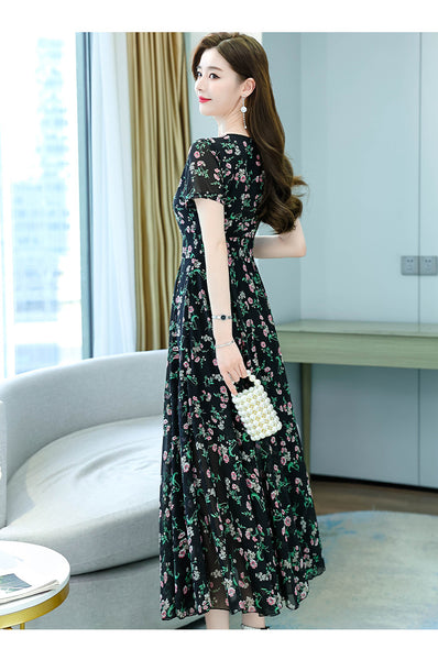 Cozy Elegant Sweet Women Short Sleeved Floral Printed Retro Beach long Skirt Swing Maxi Dresses