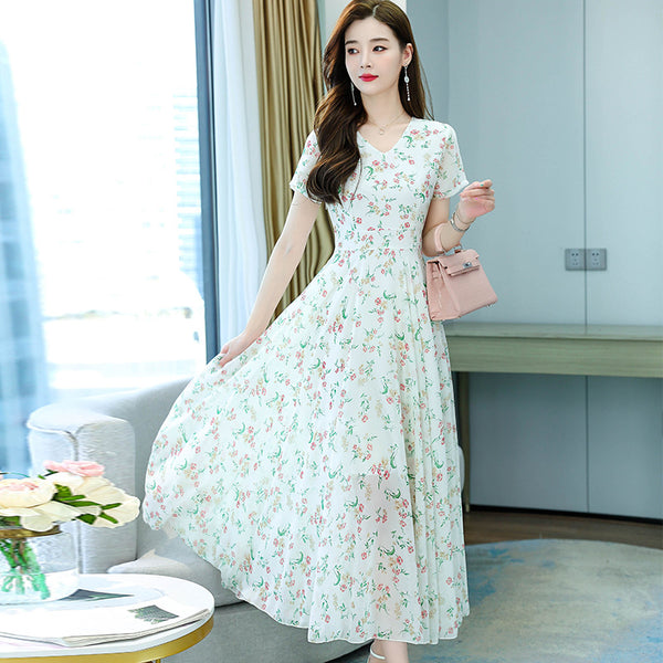 Cozy Elegant Sweet Women Short Sleeved Floral Printed Retro Beach long Skirt Swing Maxi Dresses