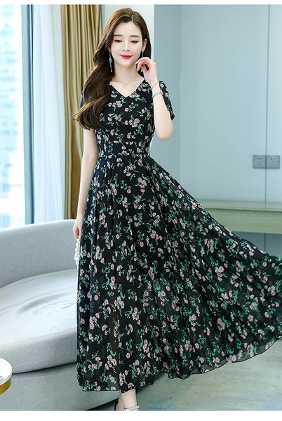 Cozy Elegant Sweet Women Short Sleeved Floral Printed Retro Beach long Skirt Swing Maxi Dresses