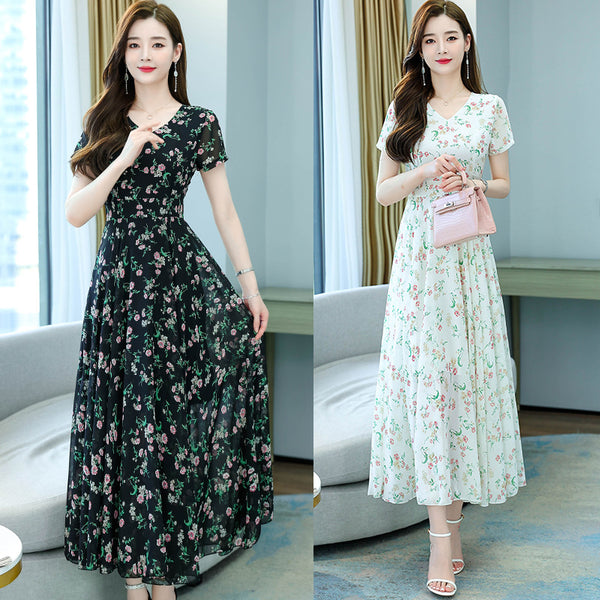 Cozy Elegant Sweet Women Short Sleeved Floral Printed Retro Beach long Skirt Swing Maxi Dresses