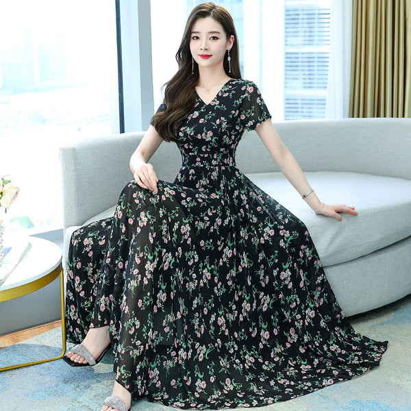 Cozy Elegant Sweet Women Short Sleeved Floral Printed Retro Beach long Skirt Swing Maxi Dresses