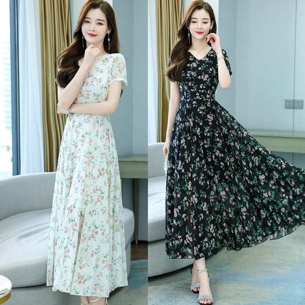 Cozy Elegant Sweet Women Short Sleeved Floral Printed Retro Beach long Skirt Swing Maxi Dresses