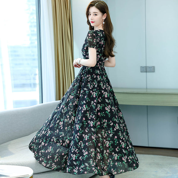 Cozy Elegant Sweet Women Short Sleeved Floral Printed Retro Beach long Skirt Swing Maxi Dresses