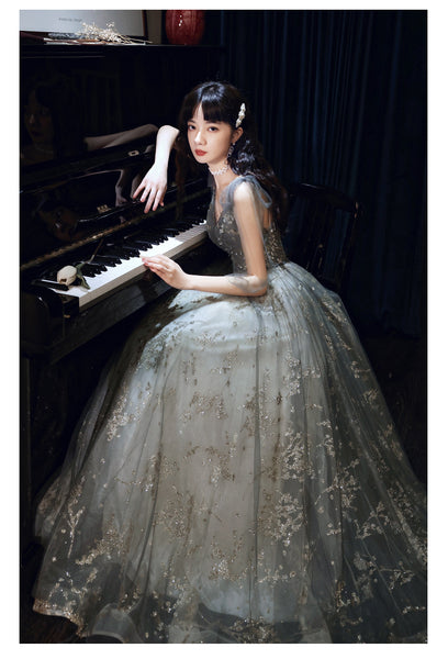 Elegant Temperament Women Fashion Grey Beaded Tulle Fairy Prom V-Neck Long Floor Length Evening Party Dress