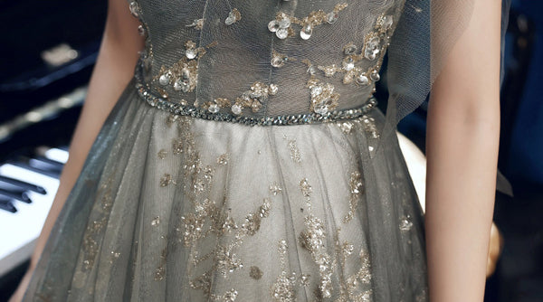 Elegant Temperament Women Fashion Grey Beaded Tulle Fairy Prom V-Neck Long Floor Length Evening Party Dress