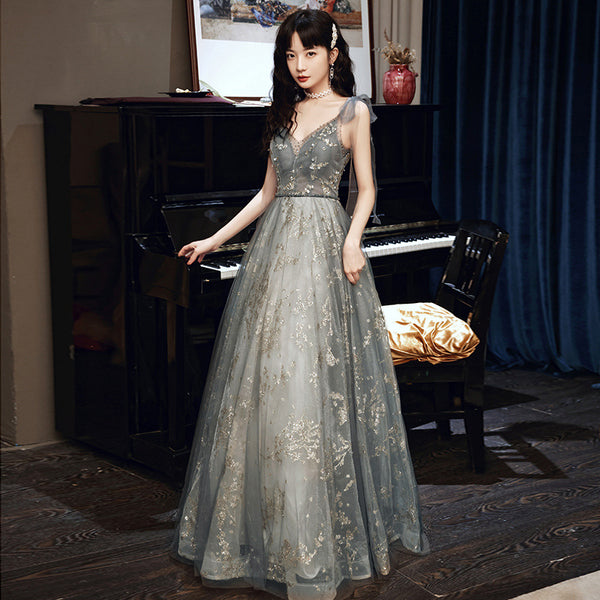 Elegant Temperament Women Fashion Grey Beaded Tulle Fairy Prom V-Neck Long Floor Length Evening Party Dress