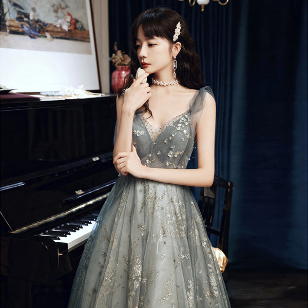 Elegant Temperament Women Fashion Grey Beaded Tulle Fairy Prom V-Neck Long Floor Length Evening Party Dress