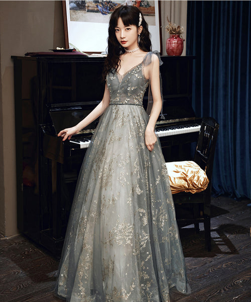 Elegant Temperament Women Fashion Grey Beaded Tulle Fairy Prom V-Neck Long Floor Length Evening Party Dress