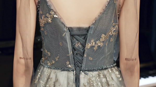 Elegant Temperament Women Fashion Grey Beaded Tulle Fairy Prom V-Neck Long Floor Length Evening Party Dress