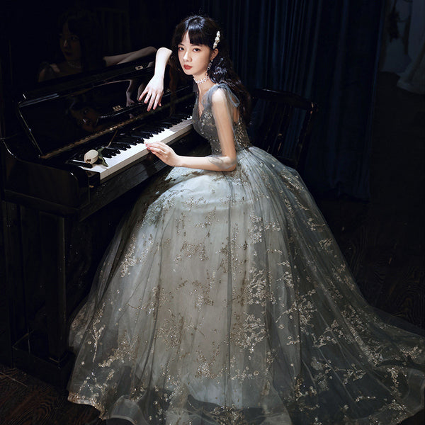 Elegant Temperament Women Fashion Grey Beaded Tulle Fairy Prom V-Neck Long Floor Length Evening Party Dress