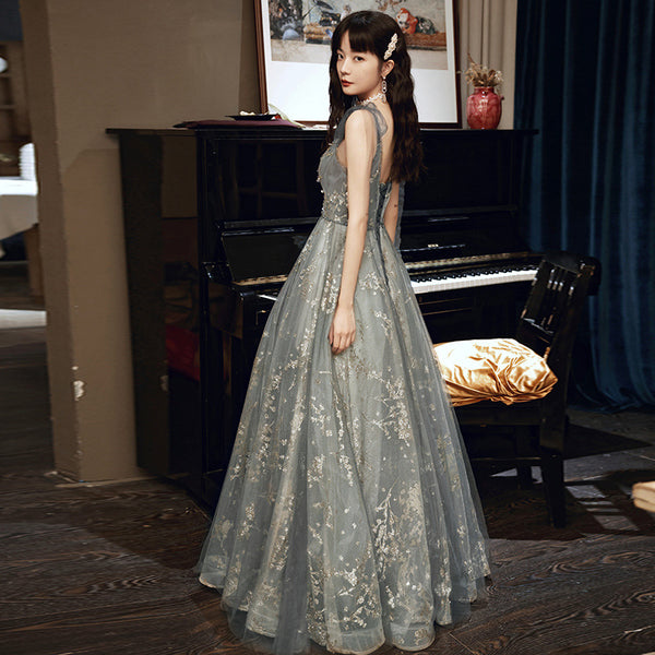 Elegant Temperament Women Fashion Grey Beaded Tulle Fairy Prom V-Neck Long Floor Length Evening Party Dress