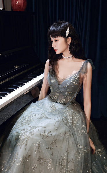 Elegant Temperament Women Fashion Grey Beaded Tulle Fairy Prom V-Neck Long Floor Length Evening Party Dress