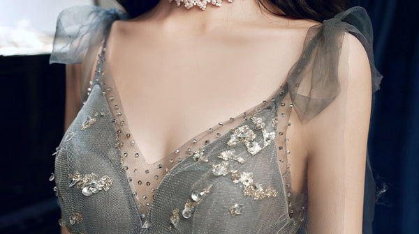 Elegant Temperament Women Fashion Grey Beaded Tulle Fairy Prom V-Neck Long Floor Length Evening Party Dress