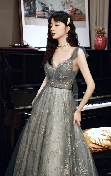 Elegant Temperament Women Fashion Grey Beaded Tulle Fairy Prom V-Neck Long Floor Length Evening Party Dress