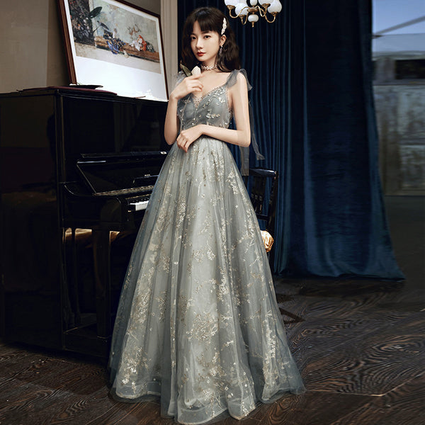 Elegant Temperament Women Fashion Grey Beaded Tulle Fairy Prom V-Neck Long Floor Length Evening Party Dress