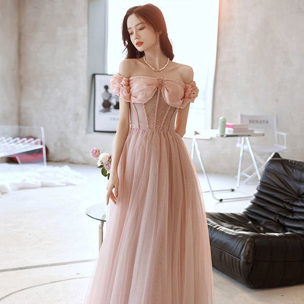 Charming Pink A Line Princess Off Shoulder Sleeveless Backless Crystal Floor Length Long Prom Formal Dresses