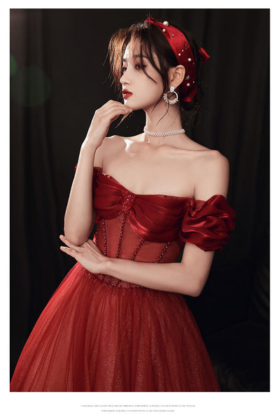 Blushing Red Temperament Attractive Off Shoulder Sleeveless Backless Crystal Floor Length Long Prom Formal Bride Dresses Dress
