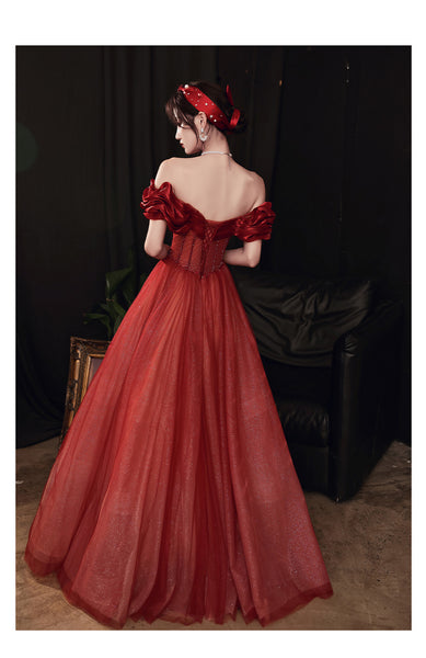 Blushing Red Temperament Attractive Off Shoulder Sleeveless Backless Crystal Floor Length Long Prom Formal Bride Dresses Dress