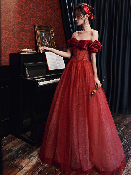 Blushing Red Temperament Attractive Off Shoulder Sleeveless Backless Crystal Floor Length Long Prom Formal Bride Dresses Dress